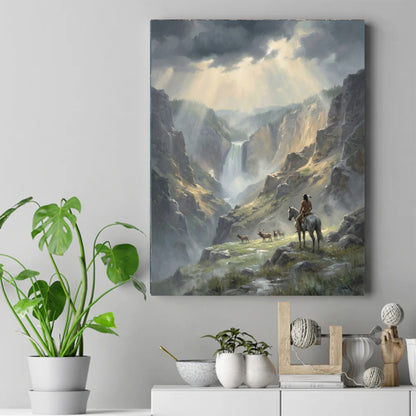 Native rider on a pale horse overlooking a canyon waterfall and deer, with sunbeams breaking through dark clouds. – ảnh 2