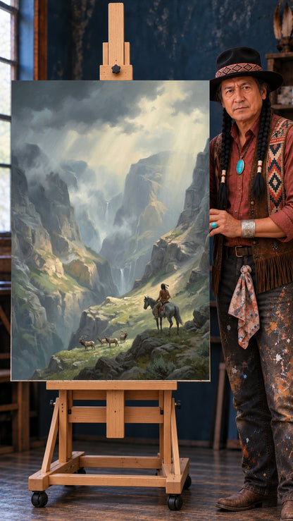 Native rider on a gray horse pausing on a rocky ledge above a misty canyon with three elk, sunlight breaking through clouds