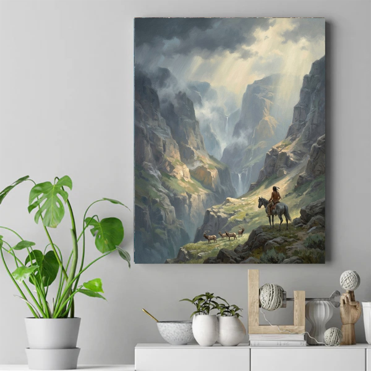 Native rider on a gray horse pausing on a rocky ledge above a misty canyon with three elk, sunlight breaking through clouds – ảnh 2