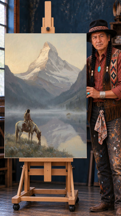 Native rider on a pinto horse drinking at a misty lake, snowy peak in warm light, a small deer on the far shore