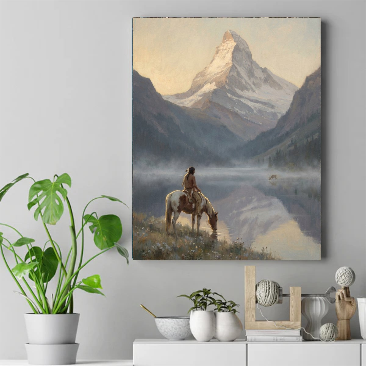 Native rider on a pinto horse drinking at a misty lake, snowy peak in warm light, a small deer on the far shore – ảnh 2