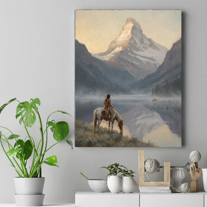 Native rider on a pinto horse drinking at a misty lake, snowy peak in warm light, a small deer on the far shore – ảnh 2