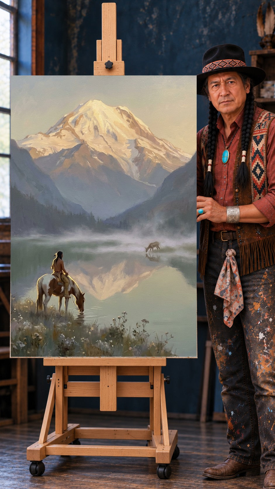 Native rider on a pinto horse drinking from a misty mountain lake below a glowing snow-capped peak at sunrise