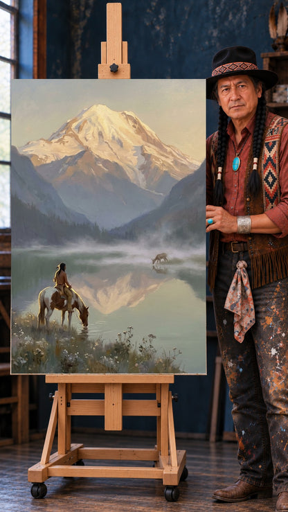 Native rider on a pinto horse drinking from a misty mountain lake below a glowing snow-capped peak at sunrise