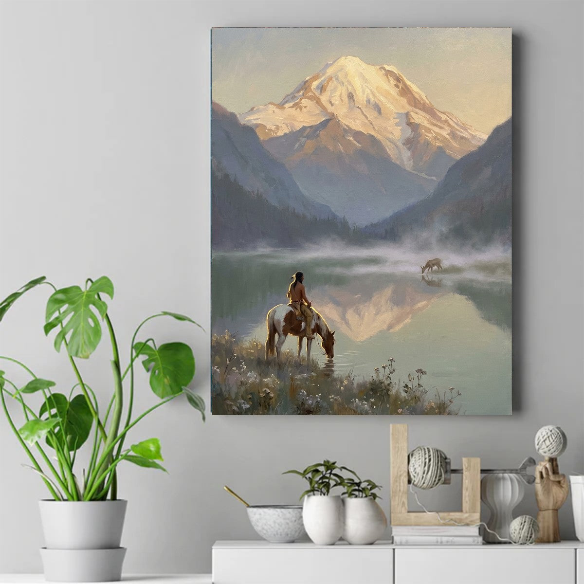 Native rider on a pinto horse drinking from a misty mountain lake below a glowing snow-capped peak at sunrise – ảnh 2