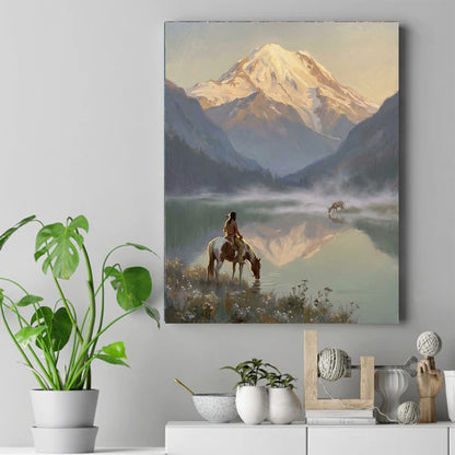 Native rider on a pinto horse drinking from a misty mountain lake below a glowing snow-capped peak at sunrise – ảnh 2