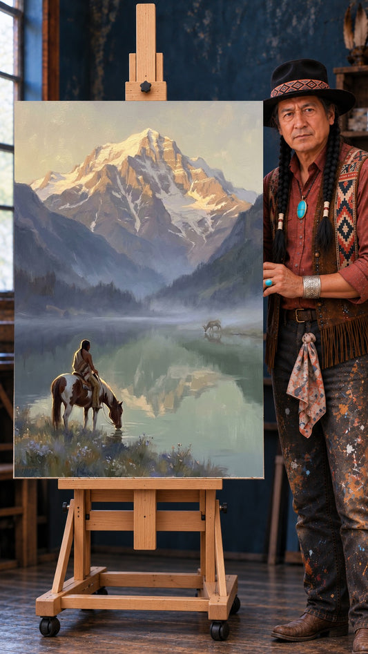 Native rider on a paint horse drinking from a misty mountain lake at sunrise, deer across the water
