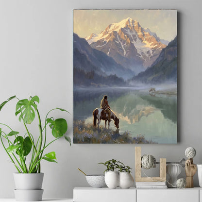 Native rider on a paint horse drinking from a misty mountain lake at sunrise, deer across the water – ảnh 2