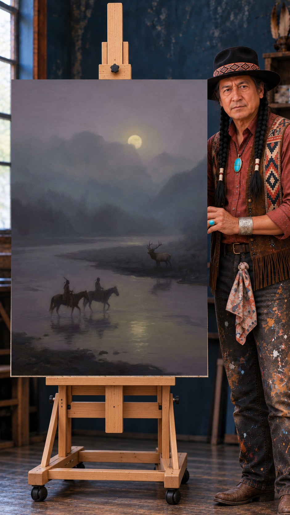 Two Native riders on horseback crossing a moonlit river at night with an elk standing on the bank
