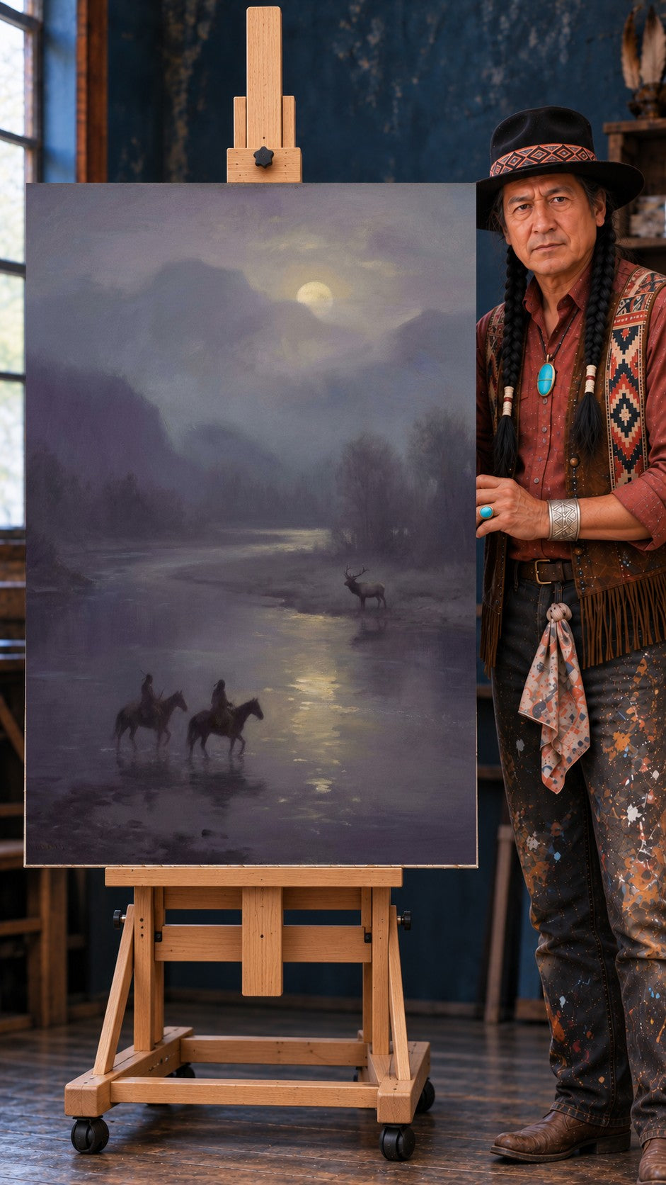 Two Native riders crossing a moonlit river at twilight while an elk stands on the bank, misty mountains behind