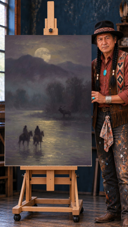 Two Native riders on horseback in a moonlit river, with an elk on the bank and a full moon behind the mountains.