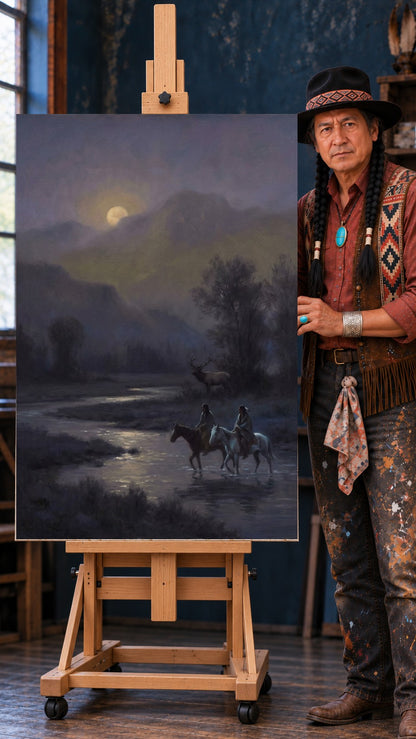 Two riders on horseback crossing a moonlit river, with an elk standing among trees beneath hazy mountains