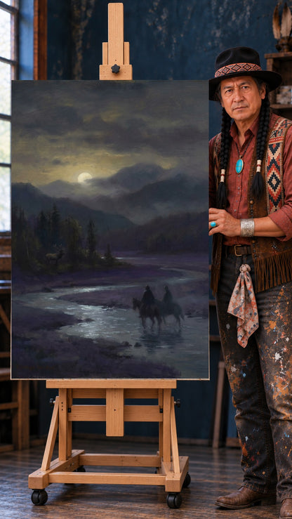 Two riders on horseback wading across a moonlit river at night, with a stag standing among pines on the bank