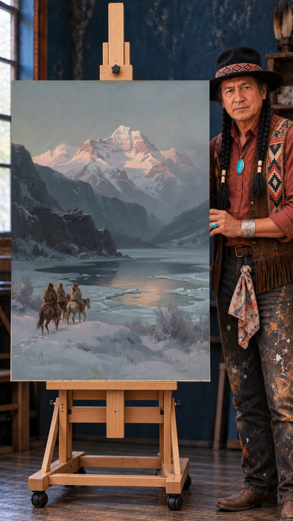 Three Native riders on horseback in a snowy valley, with a rose-lit mountain peak and icy lake in the background.