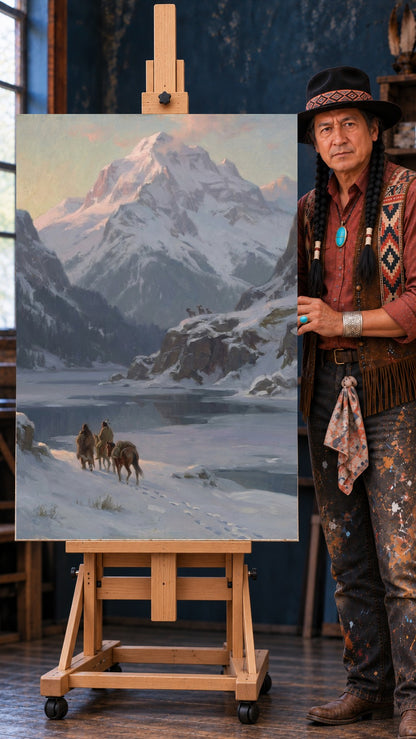 Native riders on horseback and pack horse walking along a snowy shore below a pink-lit mountain peak.