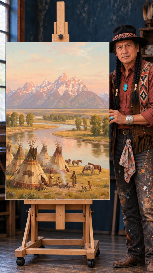 Native American camp with painted teepees, a family by a campfire, horses at the river, and snow-capped mountains at sunset.