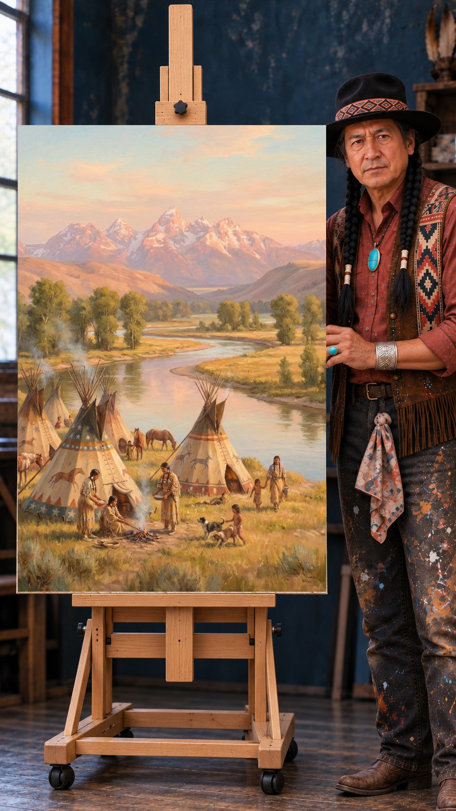 Native American tipi camp by a river at sunset with horses, walking children, a dog and snow-capped mountains