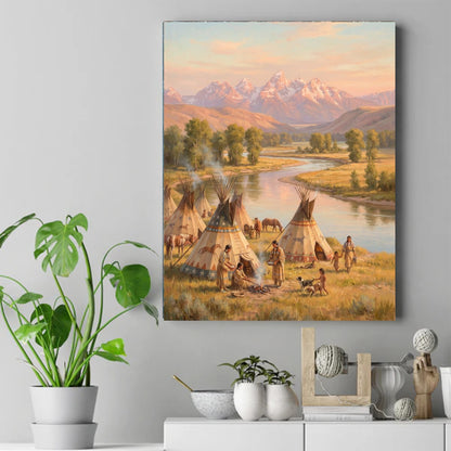 Native American tipi camp by a river at sunset with horses, walking children, a dog and snow-capped mountains – ảnh 2