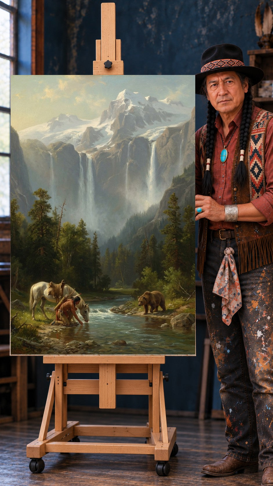 Native man kneeling by a stream with a pale horse and a bear nearby, snow-capped mountains and waterfalls behind.