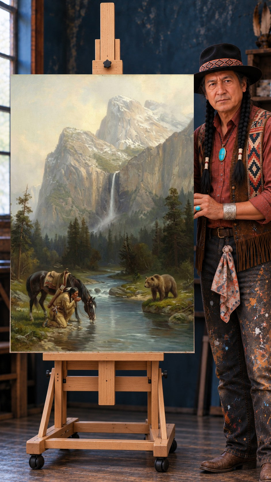 Native American man drinks from a stream with his horse while a brown bear watches from the far bank below snowy peaks