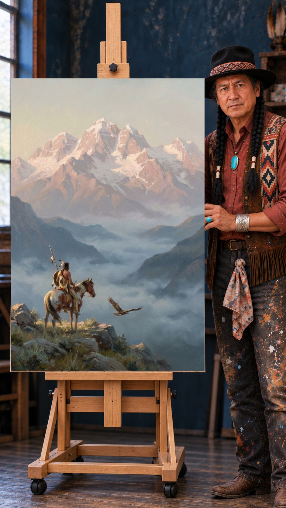 Native rider on horseback with spear beside a flying eagle, snowy mountains and mist below.