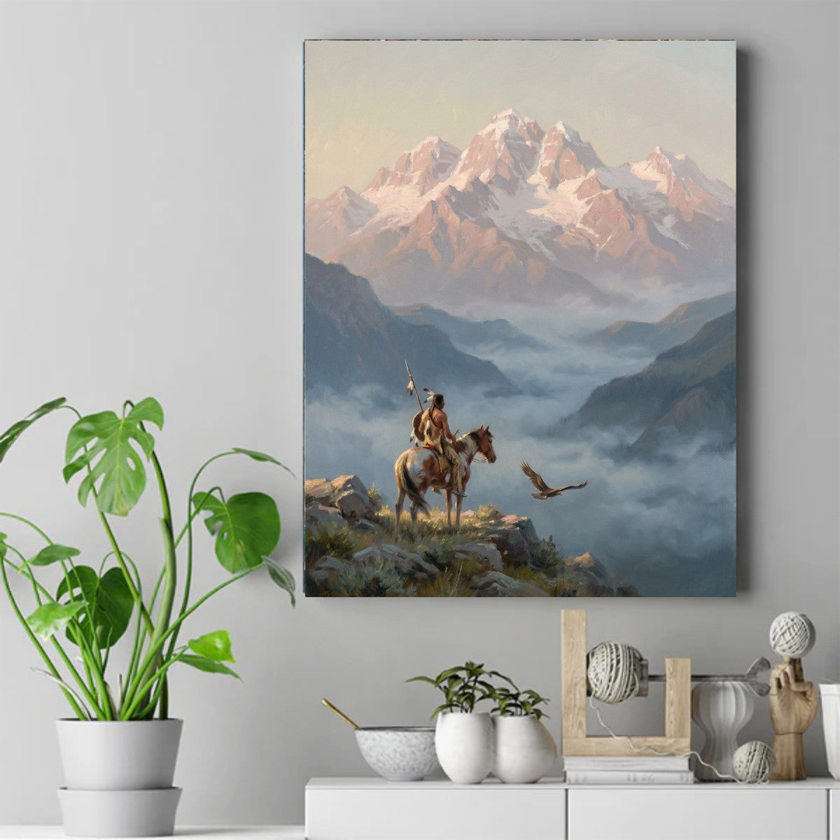 Native rider on horseback with spear beside a flying eagle, snowy mountains and mist below. – ảnh 2