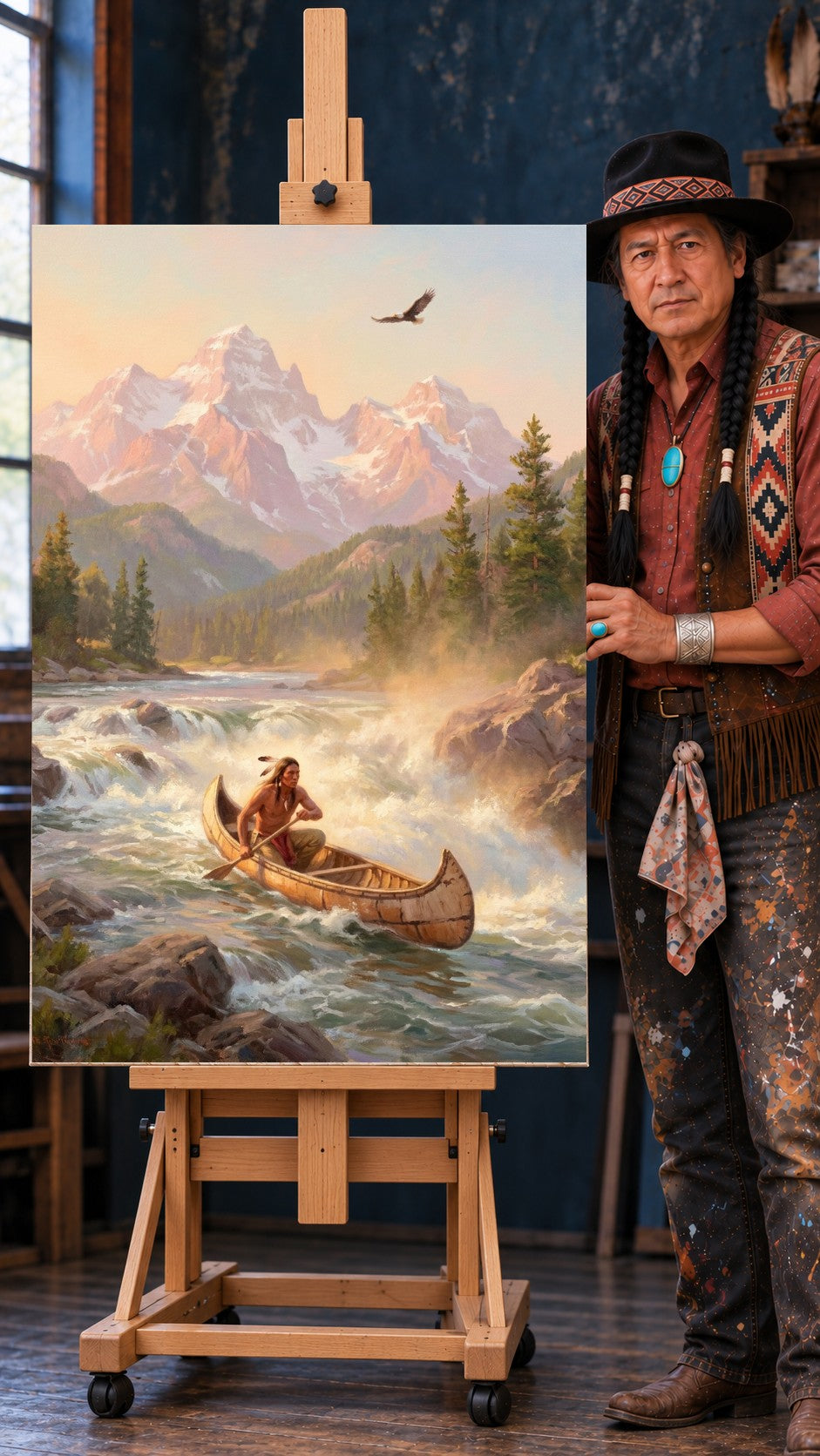 Native American man paddling a birchbark canoe through river rapids below snowy mountains with an eagle overhead