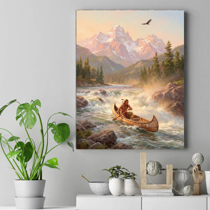 Native American man paddling a birchbark canoe through river rapids below snowy mountains with an eagle overhead – ảnh 2