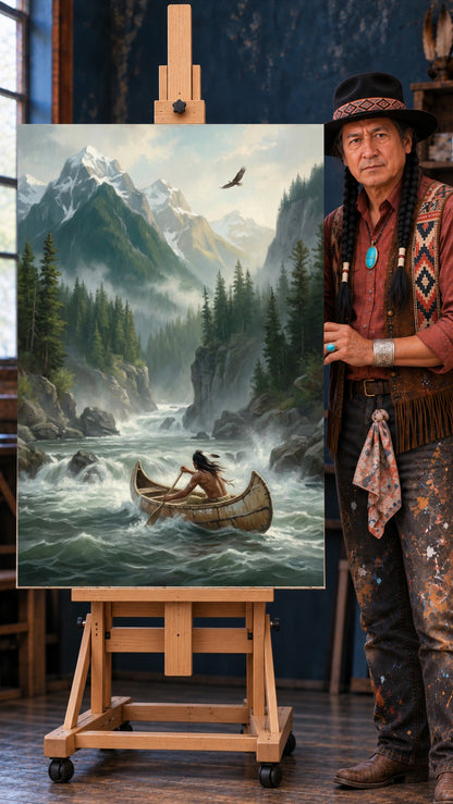 Native man paddling a wooden canoe through whitewater rapids, snowy mountains and pines behind, an eagle overhead