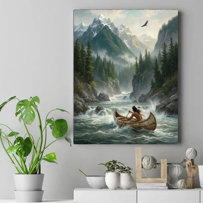 Native man paddling a wooden canoe through whitewater rapids, snowy mountains and pines behind, an eagle overhead – ảnh 2