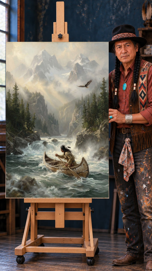 Native paddler in a birchbark canoe on rushing rapids below misty snow-capped mountains, with an eagle overhead.