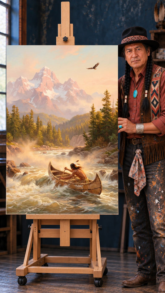 Native paddler steering a birchbark canoe through whitewater rapids, with snow-capped mountains, pine trees, and an eagle above
