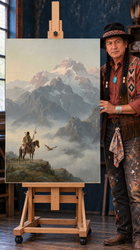 Native rider on a pinto horse holding a feathered lance, watching an eagle fly over clouds below snow-capped mountains.