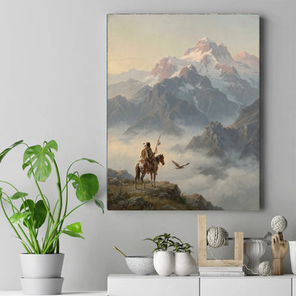 Native rider on a pinto horse holding a feathered lance, watching an eagle fly over clouds below snow-capped mountains. – ảnh 2