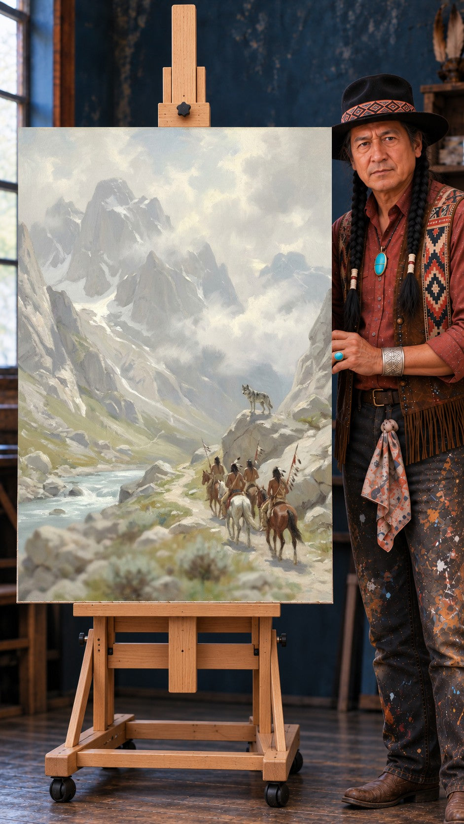 Native riders on horseback with spears on a river trail through a mountain valley, a wolf watching from a rock above
