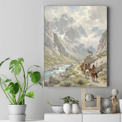 Native riders on horseback with spears on a river trail through a mountain valley, a wolf watching from a rock above – ảnh 2