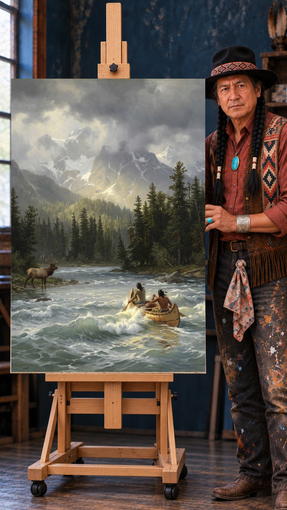 Two men paddle a birchbark canoe through rapids as a bull elk watches from the bank below snow-capped mountain peaks