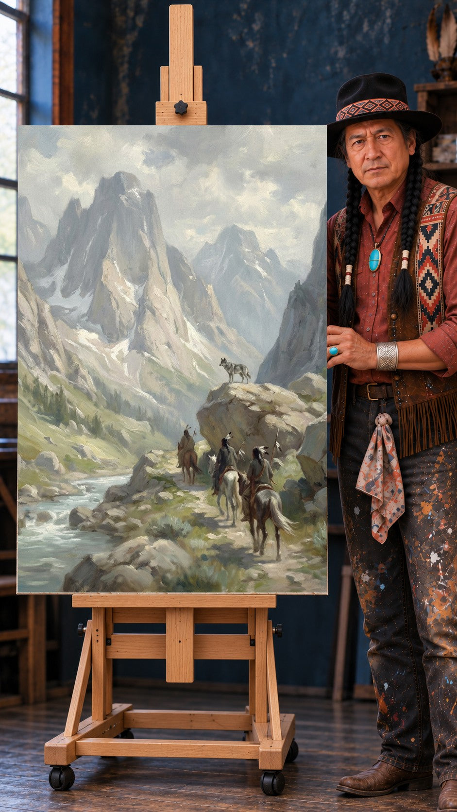 Painting of three Native riders on horseback in a mountain valley while a gray wolf stands on a rock watching them