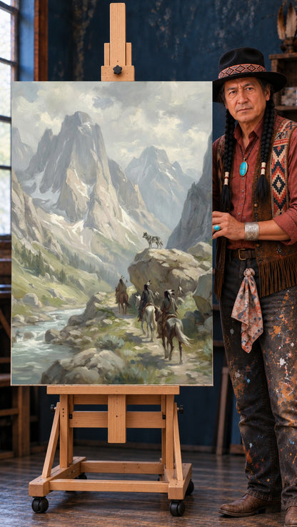 Painting of three Native riders on horseback in a mountain valley while a gray wolf stands on a rock watching them