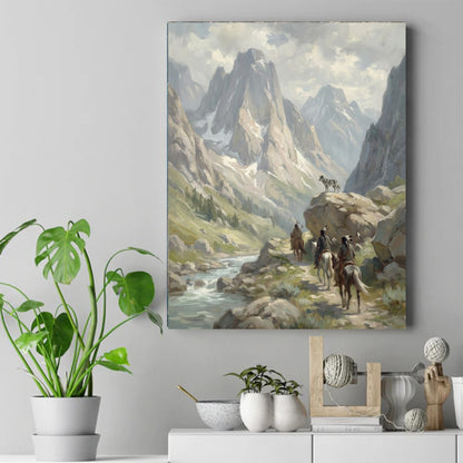 Painting of three Native riders on horseback in a mountain valley while a gray wolf stands on a rock watching them – ảnh 2