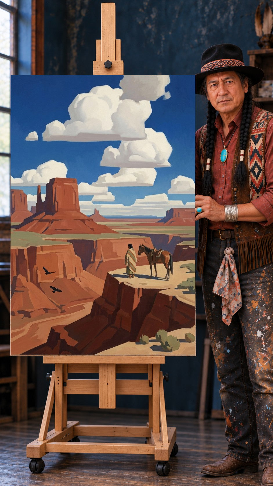 Native figure in a striped blanket standing with a horse on a red canyon ledge under a blue sky with large clouds.