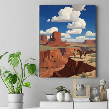 Native figure in a striped blanket standing with a horse on a red canyon ledge under a blue sky with large clouds. – ảnh 2