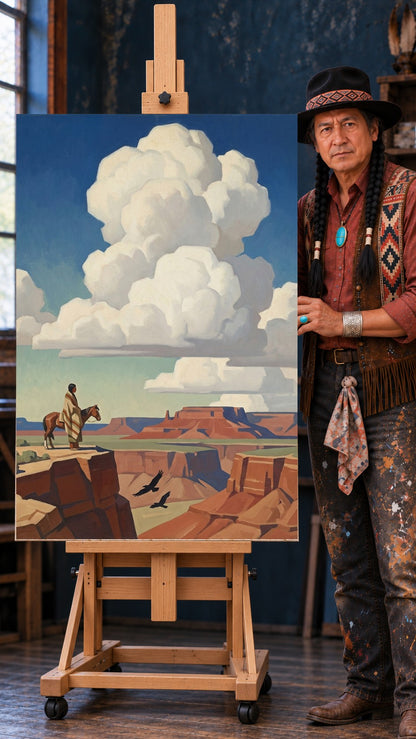 Native figure in a blanket stands with a horse on a cliff overlooking a canyon with red mesas and large clouds.
