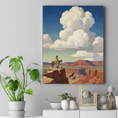 Native figure in a blanket stands with a horse on a cliff overlooking a canyon with red mesas and large clouds. – ảnh 2
