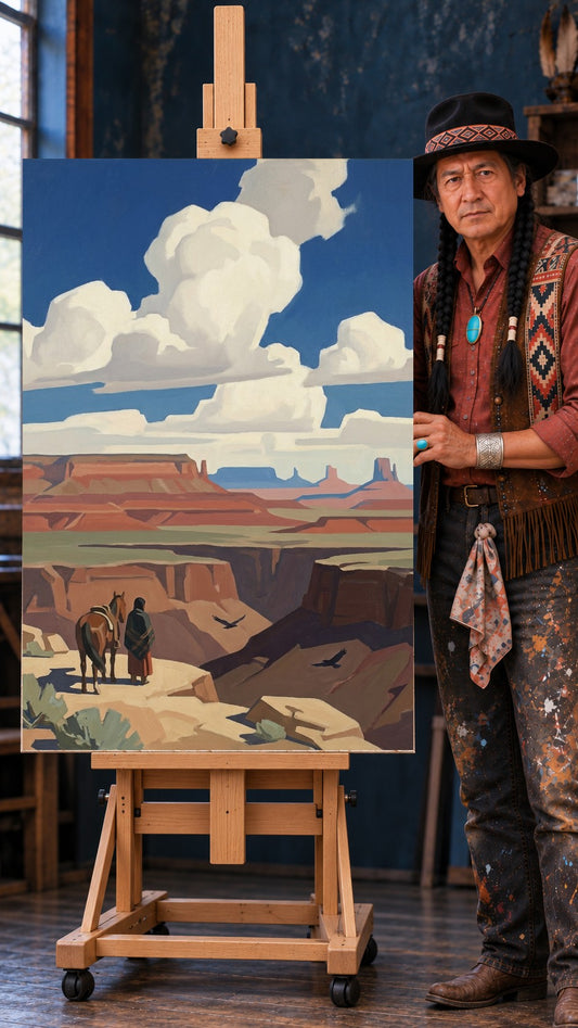 Native figure in a dark shawl with a horse on a cliff edge, looking over a red rock canyon with birds flying below.