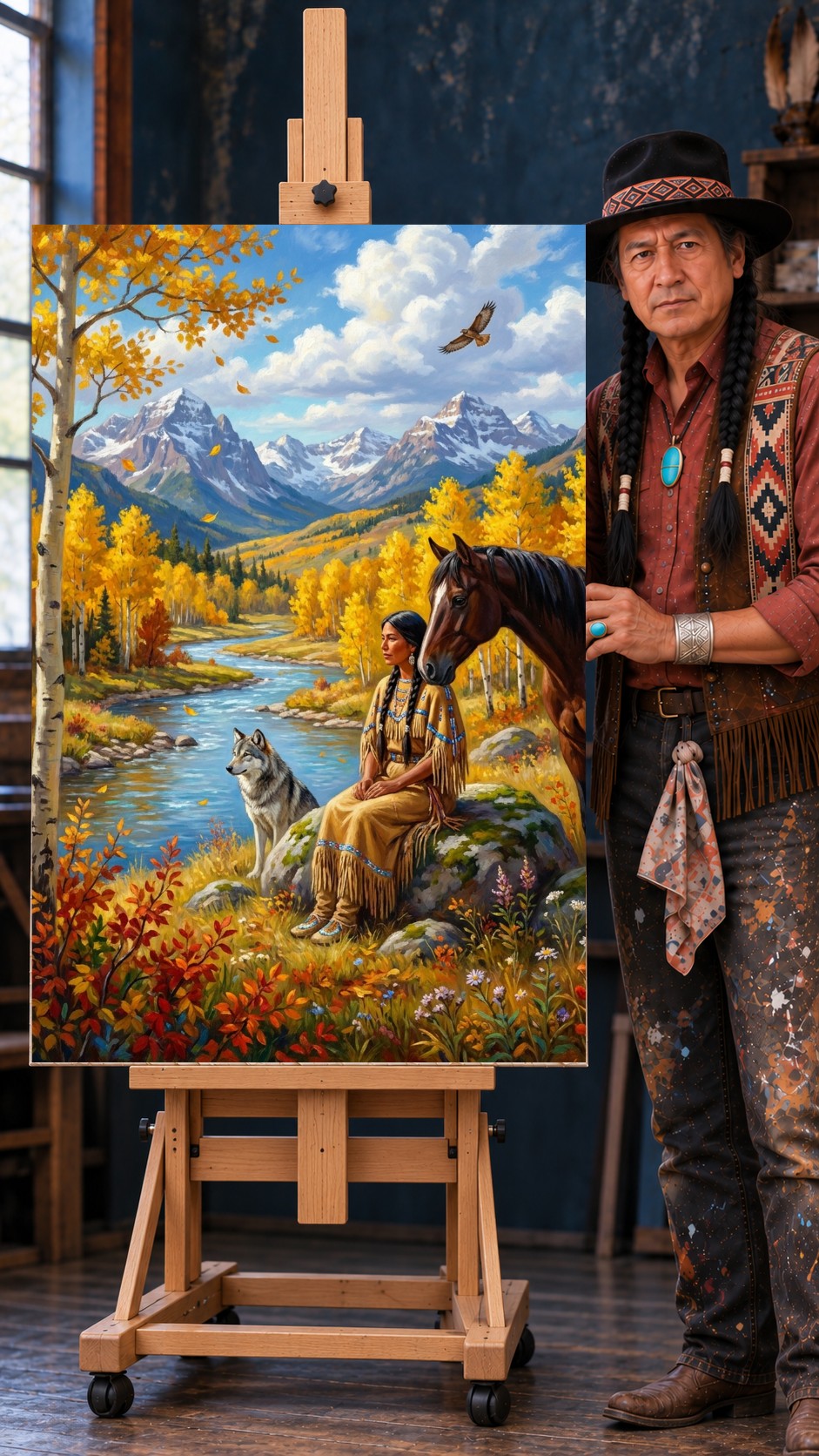 Native woman seated with a gray wolf and brown horse, autumn trees, snowy mountains, and an eagle above.