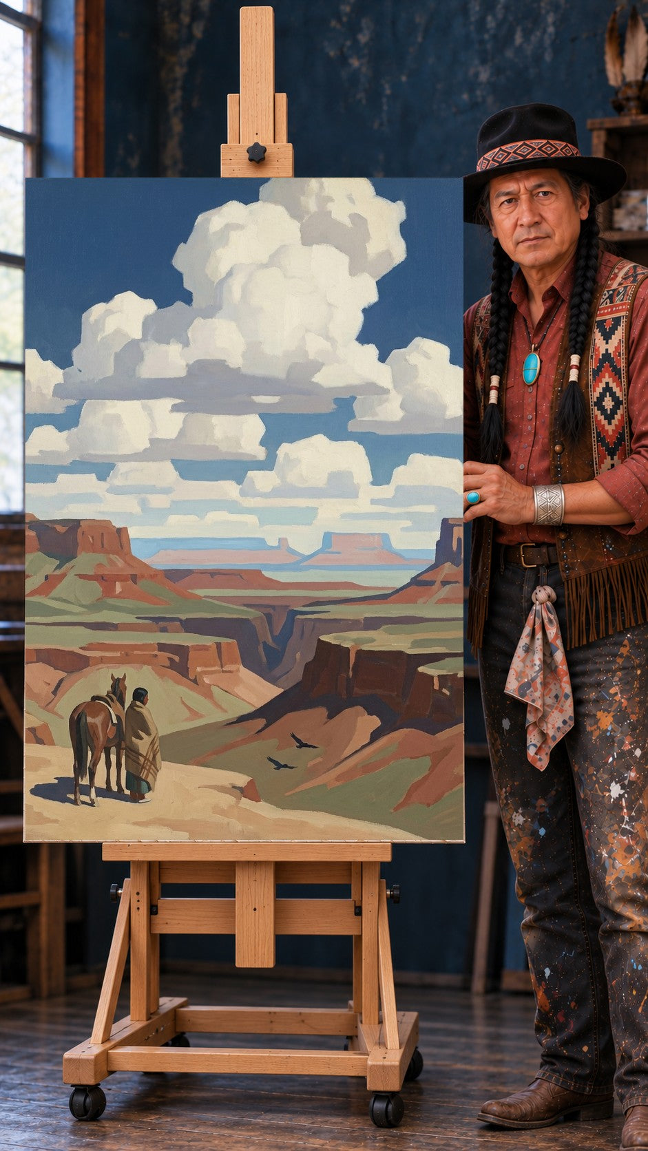 Painted canyon view with a Native figure in a striped blanket standing beside a saddled horse, birds flying below