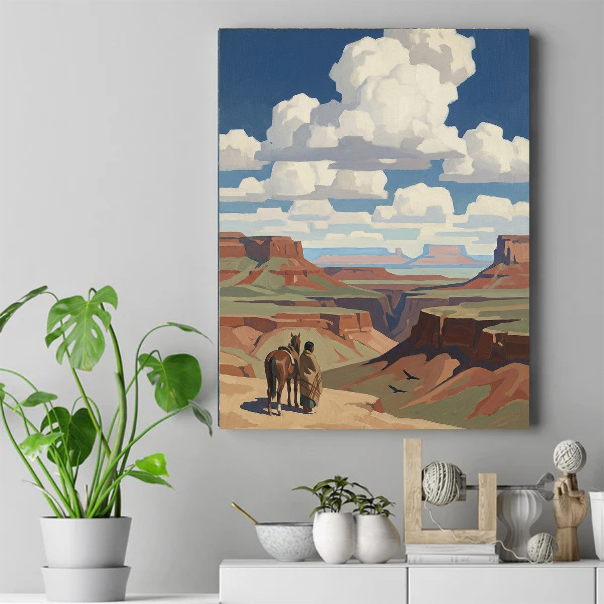 Painted canyon view with a Native figure in a striped blanket standing beside a saddled horse, birds flying below – ảnh 2