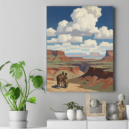 Painted canyon view with a Native figure in a striped blanket standing beside a saddled horse, birds flying below – ảnh 2