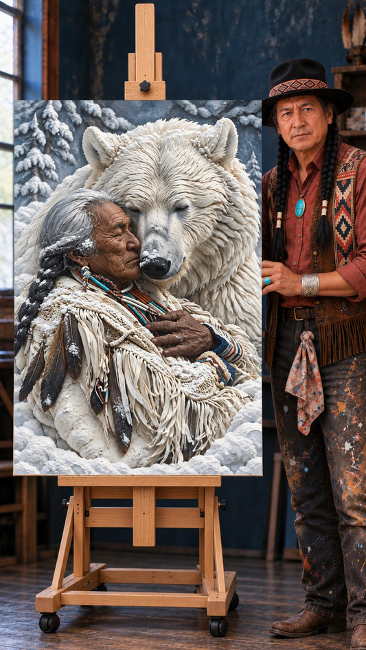 Relief artwork of an elder with a gray braid embracing a white bear with closed eyes in falling snow